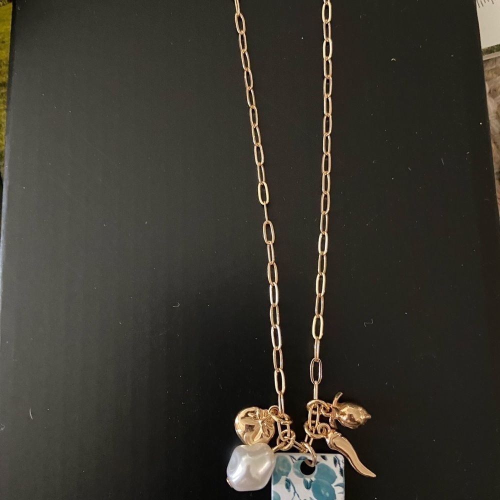 Gold Charm Necklace Blue and White fruit tile and tiny gold lemon and tomato - Picture 2 of 4
